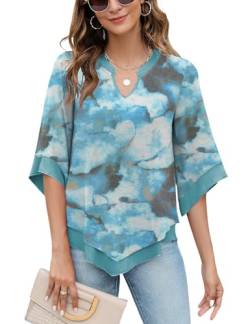 Rapbin Tunika Tops Damen Kurzarm Blumen V-Ausschnitt Blouse Casual Oberteile Doppellagige Female Flowy Tunika Shirts Blaupause M von Rapbin