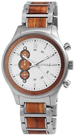 Raptor Herren-Uhr Holz Edelstahl Stoppuhr 24 Stunden Analog Quarz RA20332 (Edelstahl/Koa-Akazie) von Raptor