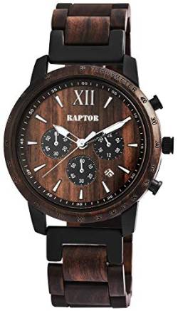 Raptor Limited Herren-Holzuhr Holzarmband Edelstahl Chronograph Analog Tachymeter Sandelholz 45mm Durchmesser Metallfaltschließe Quarz RA20255 von Raptor