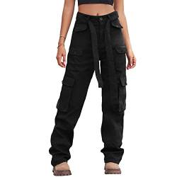 Raroauf Damen Casual Hohe Taille Relaxe Fit Reise Streetwear Cargo Hose Arbeitskleidung 8 Taschen mit Gürtel, Schwarz 3, S von Raroauf