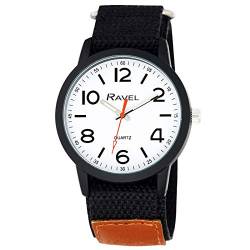 Ravel - Moderne Workwear-Herrenuhr mit einfach zu befestigendem Armband - Schwarz/Weißes Zifferblatt/Schwarzes Armband mit Tan Tongue von Ravel