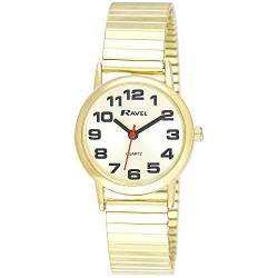 Ravel - Unisex-Uhr mit Edelstahl-Expanderarmband mit großen Zahlen und Zeigern - goldfarbenes/goldfarbenes Zifferblatt von Ravel