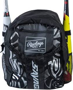 Rawlings Savage Youth Baseballtasche – Kinder-Fledermaus-Tasche – robuster Baseball-Rucksack – hält Zwei Schläger – inklusive Haken zum Aufhängen am Zaun – Schwarz von Rawlings