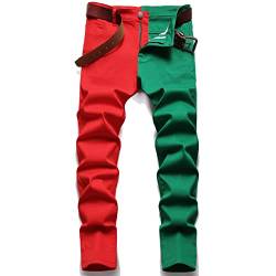 Rayiisuy Herren Skinny Jeans Mode Casual Schwarz Rot Weiß Patchwork Slim Fit Baumwolle Demin Bleistift Hose Größe 28-38, 4066-grün-rot, 52 von Rayiisuy