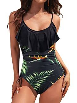 Damen Badeanzug mit Raffungen Einteilige Bademode Swimsuit Strandmode Push up Hoch Taillierte Monokini Badebekleidung für Frauen Swimsuit Plus Size(Schwarz/Blume,XL) von Rayson