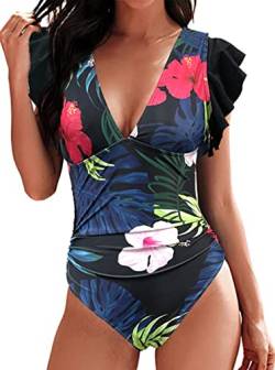 Damen Badeanzug mit Rüschen V Volant-Ausschnitt Monokini Volants Bademode Swimsuit Shape Badeanzug mit Strandbikini Monokinis(Blätter,L) von Rayson