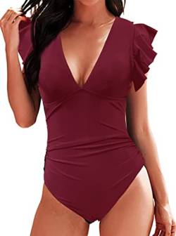 Damen Badeanzug mit Rüschen V Volant-Ausschnitt Monokini Volants Bademode Swimsuit Shape Badeanzug mit Strandbikini Monokinis(Burgundisch,L) von Rayson