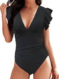 Damen Badeanzug mit Rüschen V Volant-Ausschnitt Monokini Volants Bademode Swimsuit Shape Badeanzug mit Strandbikini Monokinis(Schwarz,L) von Rayson