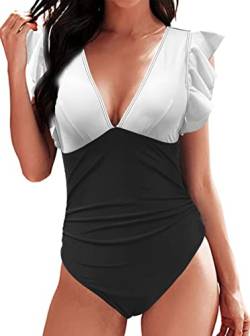 Damen Badeanzug mit Rüschen V Volant-Ausschnitt Monokini Volants Bademode Swimsuit Shape Badeanzug mit Strandbikini Monokinis(Schwarz + Weiß,M) von Rayson