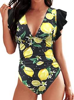 Damen Badeanzug mit Rüschen V Volant-Ausschnitt Monokini Volants Bademode Swimsuit Shape Badeanzug mit Strandbikini Monokinis(Zitrone,M) von Rayson