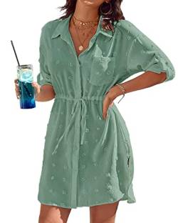 Damen Strandkleid V Ausschnitt 3/4 Ärmel Beachwear Bikini Cover Up Bluse V-Ausschnitt Strand Bademode Sarong Pareo Sommerkleid Vertuschen Shirt Tunika Kleider,Grün von Rayson