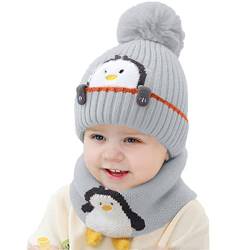 Kindermütze Winter warme niedliche Mütze weiche Strickmütze Warmer Strickschal Cartoon Tierdruck Plüsch Wintermütze Fleece Mütze(Grau) von Rayson