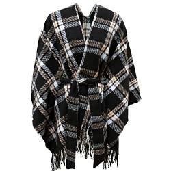 Poncho Damen Herbst-Winter-Warmer Mode-Schal der Frauen Strickjacke mit Fransen für Damen Drucken Front Poncho V-Tie Belt Cape(Schwarz) von Rayson