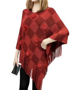 Poncho mit Fransen für Damen Modischer Karierter Schal Warmer Poncho Pullover mit Mehrweg-Ausschnitt und Süßen Bommeln Kaschmirschal und Schal verdickter Warmer weicher Schal,Rot von Rayson