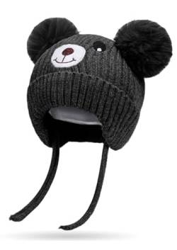 Rayson Baby Mütze Beanie Strickmütze Beanie Baby Jungen Mädchen Herbst Wintermütze Süßer Hut mit Earflap und Bindebändern Pelz Hairball Beanie-Hut Pom Pom Warm Hat für Jungen Mädchen,Schwarz von Rayson