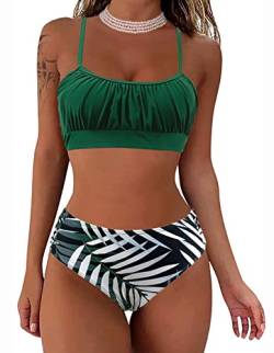 Rayson Damen Bikini Set Bandeau Geraffter Bikini Plissee Bikinioberteil Rückenfrei Verstellbarer Zweiteiliger Badeanzug für Frauen Mid Taille Bikinihose Bademode(Grün/Blatt,M) von Rayson