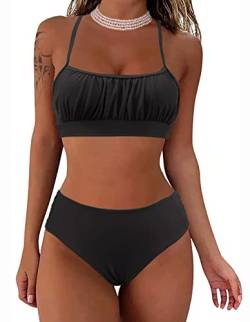 Rayson Damen Bikini Set Bandeau Geraffter Bikini Plissee Bikinioberteil Rückenfrei Verstellbarer Zweiteiliger Badeanzug für Frauen Mid Taille Bikinihose Bademode(Schwarz,L) von Rayson