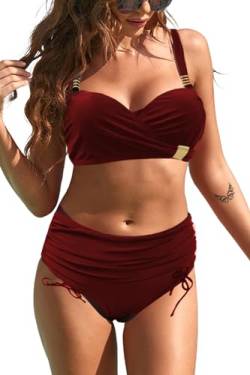 Rayson Damen Bikini Set Bandeau Push Up Zweiteilige Badeanzug High Waist Triangel Verstellbarer Bikinihose Bademode Kordelzug Side Bikini Sets(Burgunder,L) von Rayson