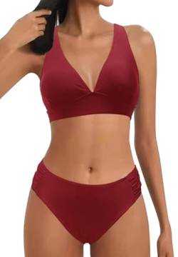 Rayson Damen Bikini Set V Ausschnitt Bralette Bikini Bademode Kordelzug Side Bikini Sets Mid Waist Blumenmuster Zweiteiliger Badeanzug Swimsuit(Burgundisch,M) von Rayson