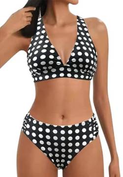 Rayson Damen Bikini Set V Ausschnitt Bralette Bikini Bademode Kordelzug Side Bikini Sets Mid Waist Blumenmuster Zweiteiliger Badeanzug Swimsuit(Polka Dot,M) von Rayson