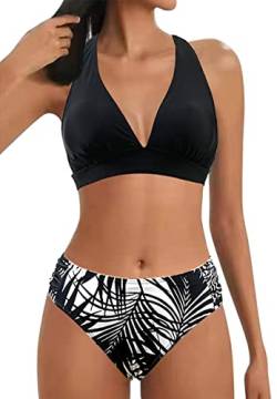 Rayson Damen Bikini Set V Ausschnitt Bralette Bikini Bademode Kordelzug Side Bikini Sets Mid Waist Blumenmuster Zweiteiliger Badeanzug Swimsuit(Schwarz/Blatt,M) von Rayson