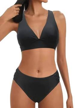 Rayson Damen Bikini Set V Ausschnitt Bralette Bikini Bademode Kordelzug Side Bikini Sets Mid Waist Blumenmuster Zweiteiliger Badeanzug Swimsuit(Schwarz,L) von Rayson