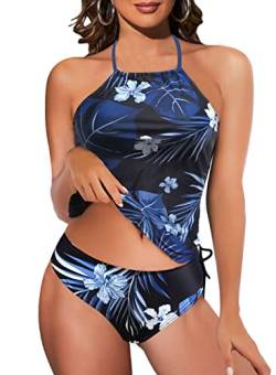 Rayson Damen Tankini Kordelzug Seitliche Zweiteiler Badeanzüge Print Bademode Neckholder Tankini Set Badekleid Neckholder Mit Slip(Schwarz und Marineblaue Blätter,L) von Rayson