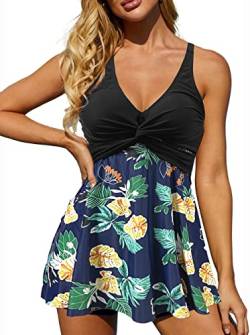 Rayson Damen Tankini Zweiteilige Bademode mit V Ausschnitt Push up Badeanzug Blumen Strand Mode Badeanzüge Drucken Badekleider Bauchweg(Marineblau,XL) von Rayson