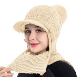 Rayson Kapuzenschal Damen Wintermütze mit Schirm Fleece Gefüttert Strickmützen 3 In 1 Verstellbarer Gesichtsschutz Balaclava für Damen(Beige, Einheitsgröße) von Rayson