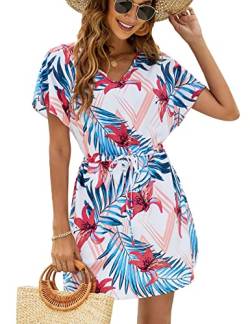 Rayson Strandkleid Damen Bikini Cover Up Strandkleid V Ausschnitt Kurzarm Elastikbund Seitenschlitz Freizeitkleider Strandurlaub Badeanzug Sommer Beach Mini Dress,Blaue Blume von Rayson