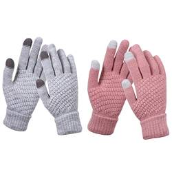 Rayson Winter Handschuh Damen Touchscreen Warme Handschuhe Jacquard Rutschfest Einfarbig Strickhandschuhe Geeignet für Freizeitaktivitäten im Freien（2 Paare,Rosa und Grau） von Rayson