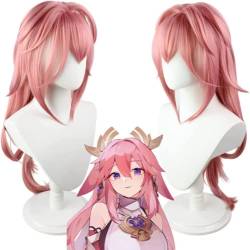 Anime Genshin Impact Cosplay Perücke Yae Miko Perücke Damen Rosa Langhaar perücken für Halloween Party Kostüm Karneval Perücke Mütze von Rcrllya