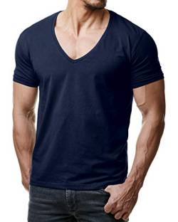 Re Rock Young & Rich Herren T-Shirt mit V Ausschnitt Slim Fit einfarbig - Man deep V-Neck Shirt – t -Shirt mit tiefem V Herren - S bis 3XL (Blau, 3XL) von Re Rock