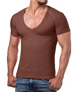 Re Rock Young & Rich Herren T-Shirt mit V Ausschnitt Slim Fit einfarbig - Man deep V-Neck Shirt – t -Shirt mit tiefem V Herren - S bis 3XL (Braun, S) von Re Rock