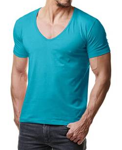 Re Rock Young & Rich Herren T-Shirt mit V Ausschnitt Slim Fit einfarbig - Man deep V-Neck Shirt – t -Shirt mit tiefem V Herren - S bis 3XL - (Türkis - 3XL) von Re Rock