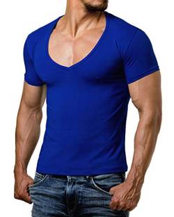 ReRock Young & Rich Herren T-Shirt V-Neck Slim Fit Schwarz Weiß Blau RRTS 1315, Farbe:Blau, Größe:3XL von Re Rock