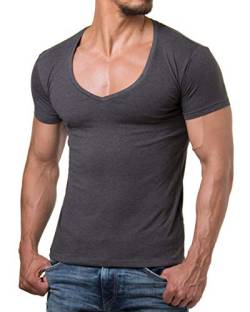 ReRock Young & Rich Herren T-Shirt V-Neck Slim Fit Schwarz Weiß Blau RRTS 1315, Größe:L, Farbe:Anthrazit von Re Rock