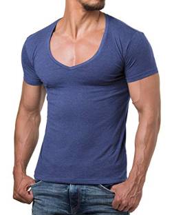 ReRock Young & Rich Herren T-Shirt V-Neck Slim Fit Schwarz Weiß Blau RRTS 1315, Größe:L, Farbe:Blau Melange von Re Rock