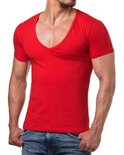 Young & Rich Herren T-Shirt V-Neck Body Fit Schwarz Weiß Rot Blau RRTS 1315, Größe:2XL, Farbe:Rot von Re Rock
