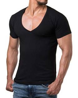 Young & Rich Herren T-Shirt V-Neck Body Fit Schwarz Weiß Rot Blau RRTS 1315, Größe:2XL, Farbe:Schwarz von Re Rock