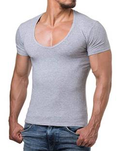 Young & Rich Herren T-Shirt V-Neck Body Fit Schwarz Weiß Rot Blau RRTS 1315, Größe:M, Farbe:Grau Melange von Re Rock