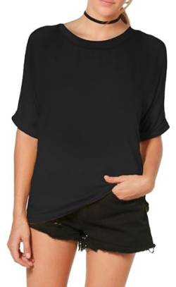 Re Tech UK - Damen T-Shirt im Oversize-Look - breiter Rundhalsausschnitt - krempelbare Ärmel - lang - Schwarz - 44-46 von Re Tech UK