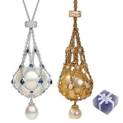 RePaLy Lavalier-Anhänger Mit Perlen Und Edelsteinen, Handgefertigte Natürliche Perlenkäfig-Halskette Für Frauen Und Mädchen, Perlenhalter-Halskette, (Goldblau) von RePaLy