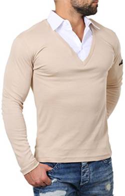 ReRock Herren 2in1 Longsleeve Hemd Kragen Shirt Pullover Langarm mit tiefem V-Ausschnitt einfarbig Slimfit Stretch, Grösse:L, Farbe:Beige von ReRock