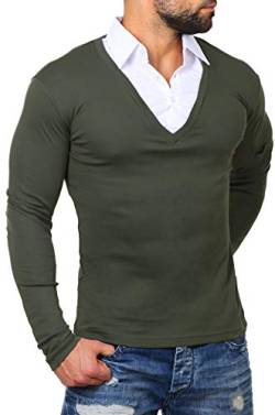 ReRock Herren 2in1 Longsleeve Hemd Kragen Shirt Pullover Langarm mit tiefem V-Ausschnitt einfarbig Slimfit Stretch, Grösse:L, Farbe:Khaki von ReRock