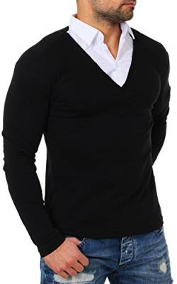 ReRock Herren 2in1 Longsleeve Hemd Kragen Shirt Pullover Langarm mit tiefem V-Ausschnitt einfarbig Slimfit Stretch, Grösse:L, Farbe:Schwarz von ReRock