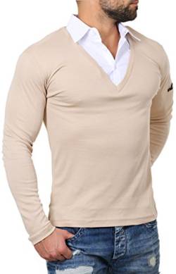 ReRock Herren 2in1 Longsleeve Hemd Kragen Shirt Pullover Langarm mit tiefem V-Ausschnitt einfarbig Slimfit Stretch, Grösse:M, Farbe:Beige von ReRock