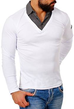 ReRock Herren 2in1 Longsleeve Hemd Kragen Shirt Pullover Langarm mit tiefem V-Ausschnitt einfarbig Slimfit Stretch, Grösse:S, Farbe:Weiß von ReRock