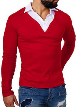 ReRock Herren 2in1 Longsleeve Hemd Kragen Shirt Pullover Langarm mit tiefem V-Ausschnitt einfarbig Slimfit Stretch, Grösse:XL, Farbe:Rot von ReRock