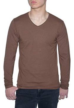 ReRock Young & Rich Herren Longsleeve 10 Colors V-Neck - Langarmshirt Plain Slim Fit - Uni Basic V-Neck Shirt Stretch - Braun Größe 2XL von ReRock